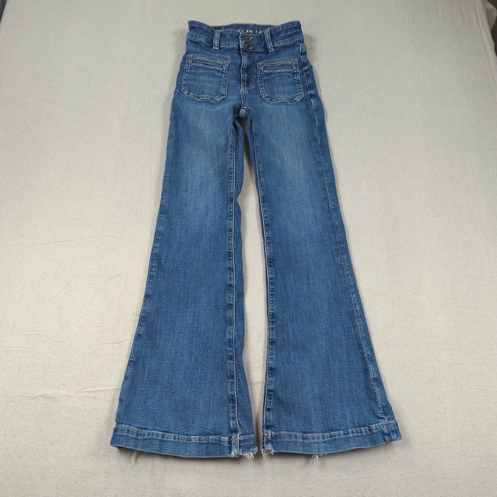 American Eagle Jeans Womens 000 Blue Flare Super High Rise Stretch Hippie Boho